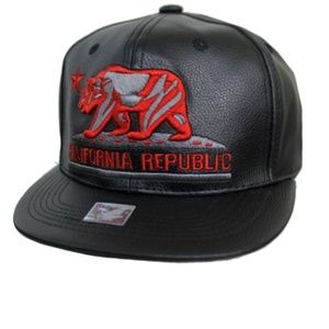 Faux Leather Black W/Red California Republic Hat